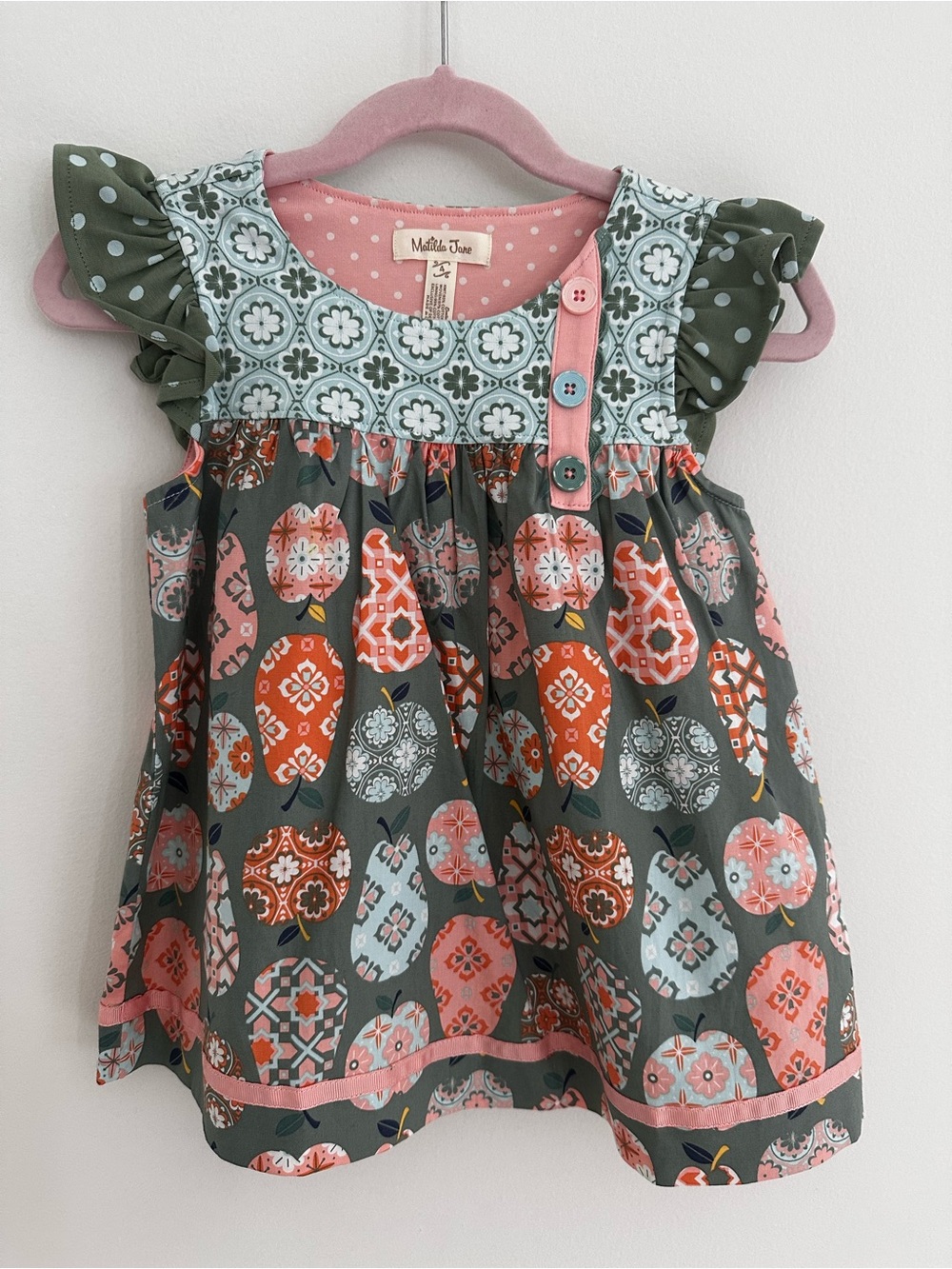 Matilda Jane Green & Pink Patterned Apple Pear Print Flutter Top size 4